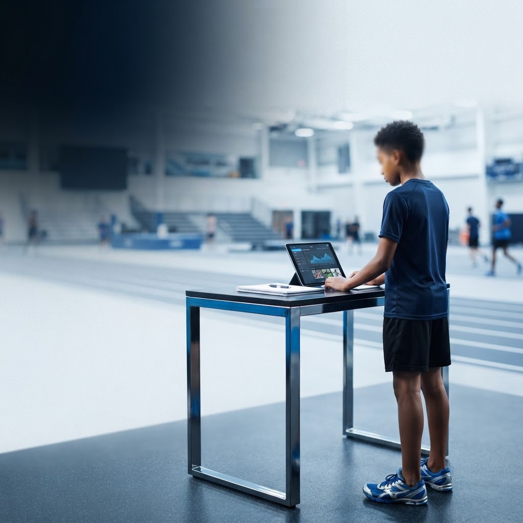 A young athlete standing at a desk on an indoor track, reviewing performance data on a tablet.