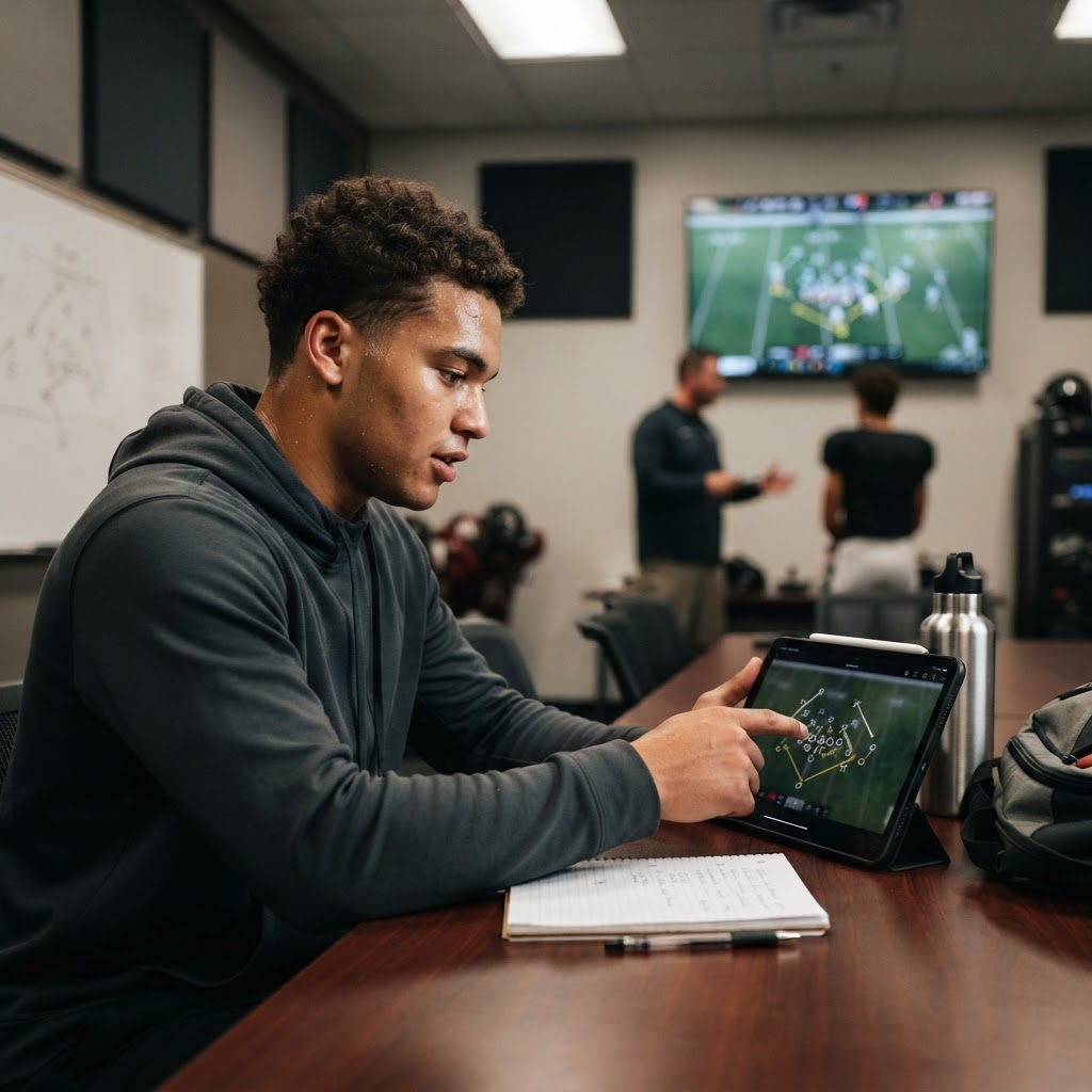 A young athlete studying a football play diagram on a tablet in a team meeting room.