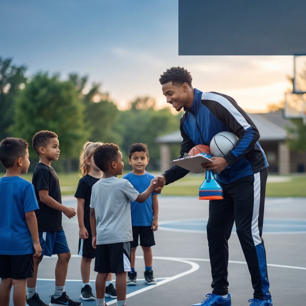 A coach in a blue and black tracksuit shakes hands with a young child on an outdoor basketball court, while other children stand by. The coach is holding a clipboard and sports equipment.