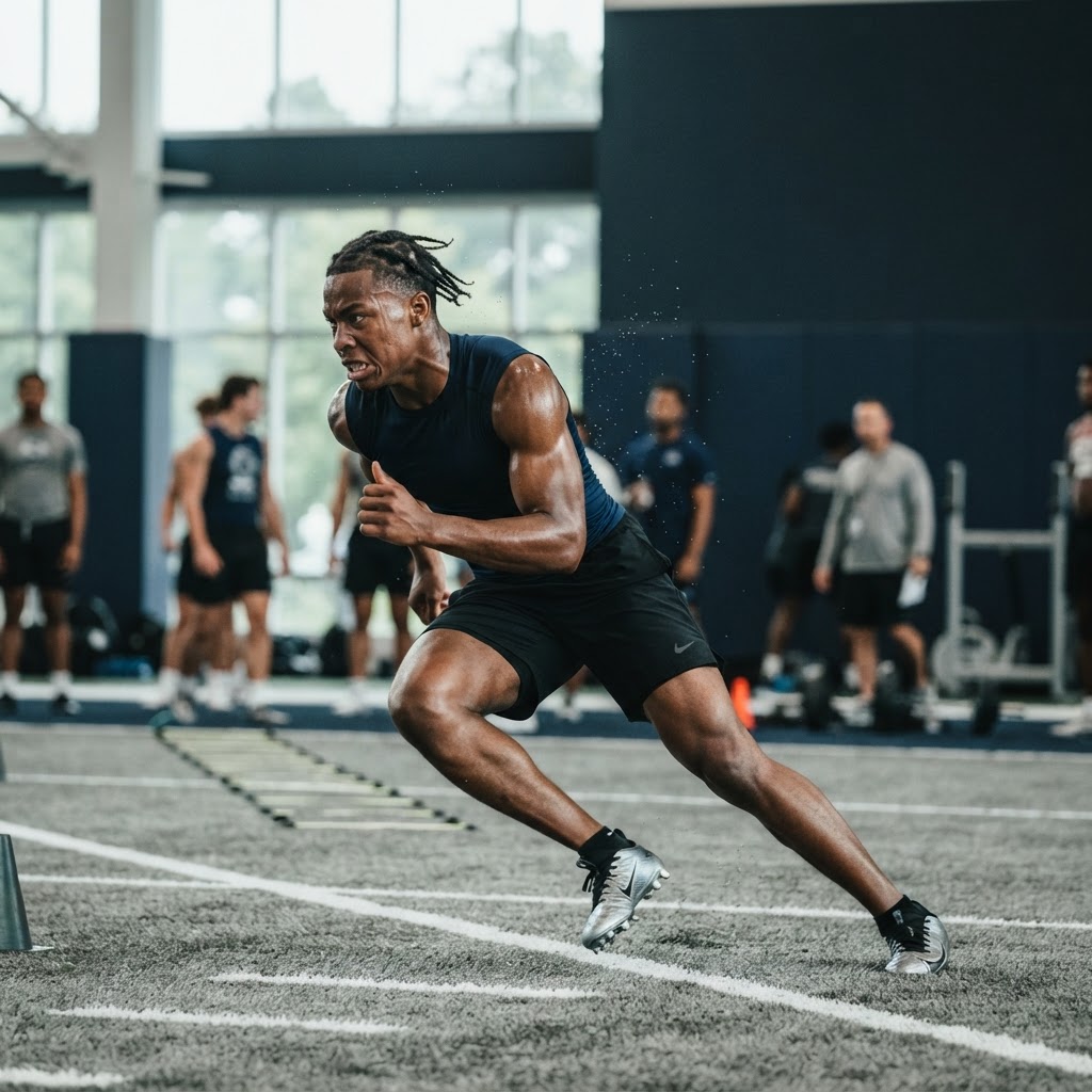 An athletic male sprints across an indoor sports facility turf, wearing a navy sleeveless shirt and black shorts with a visible athletic brand logo.