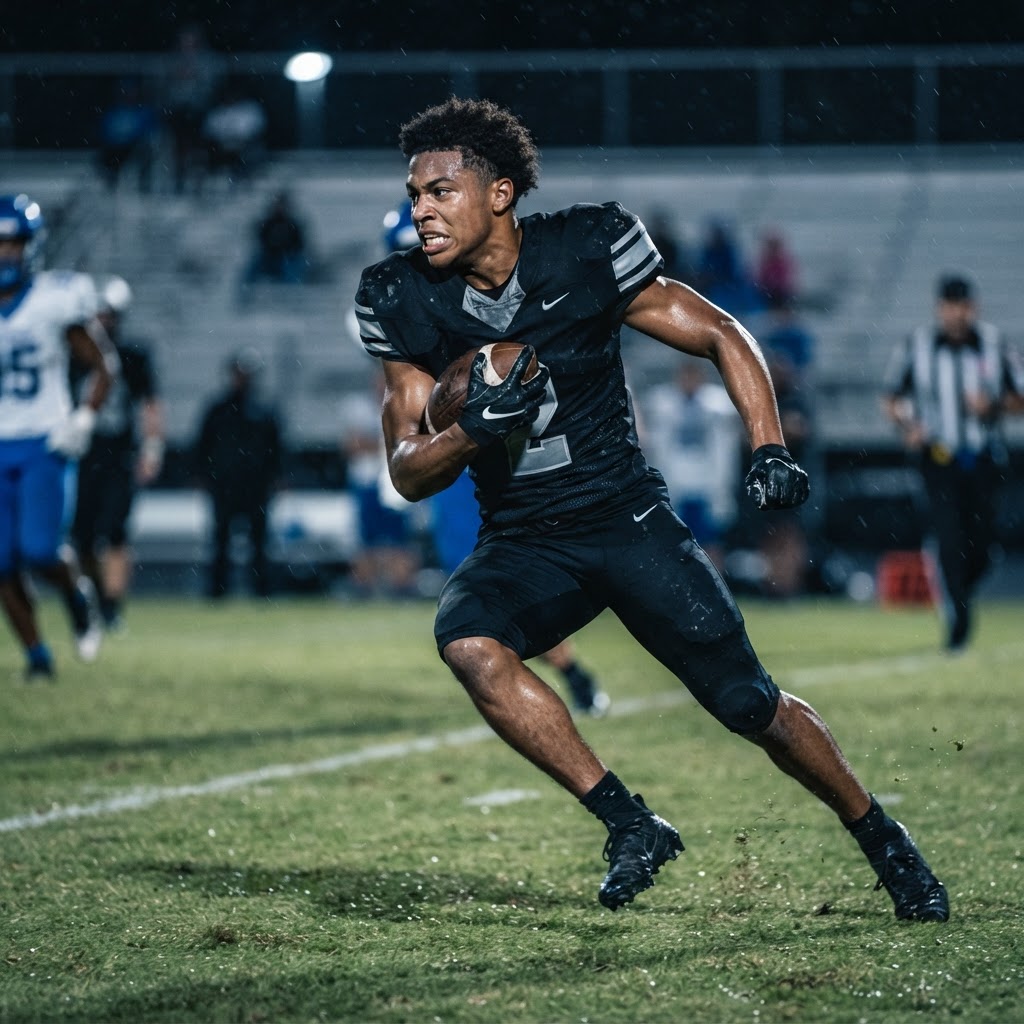 An American football player in a black uniform running with a football on a field during a night game.