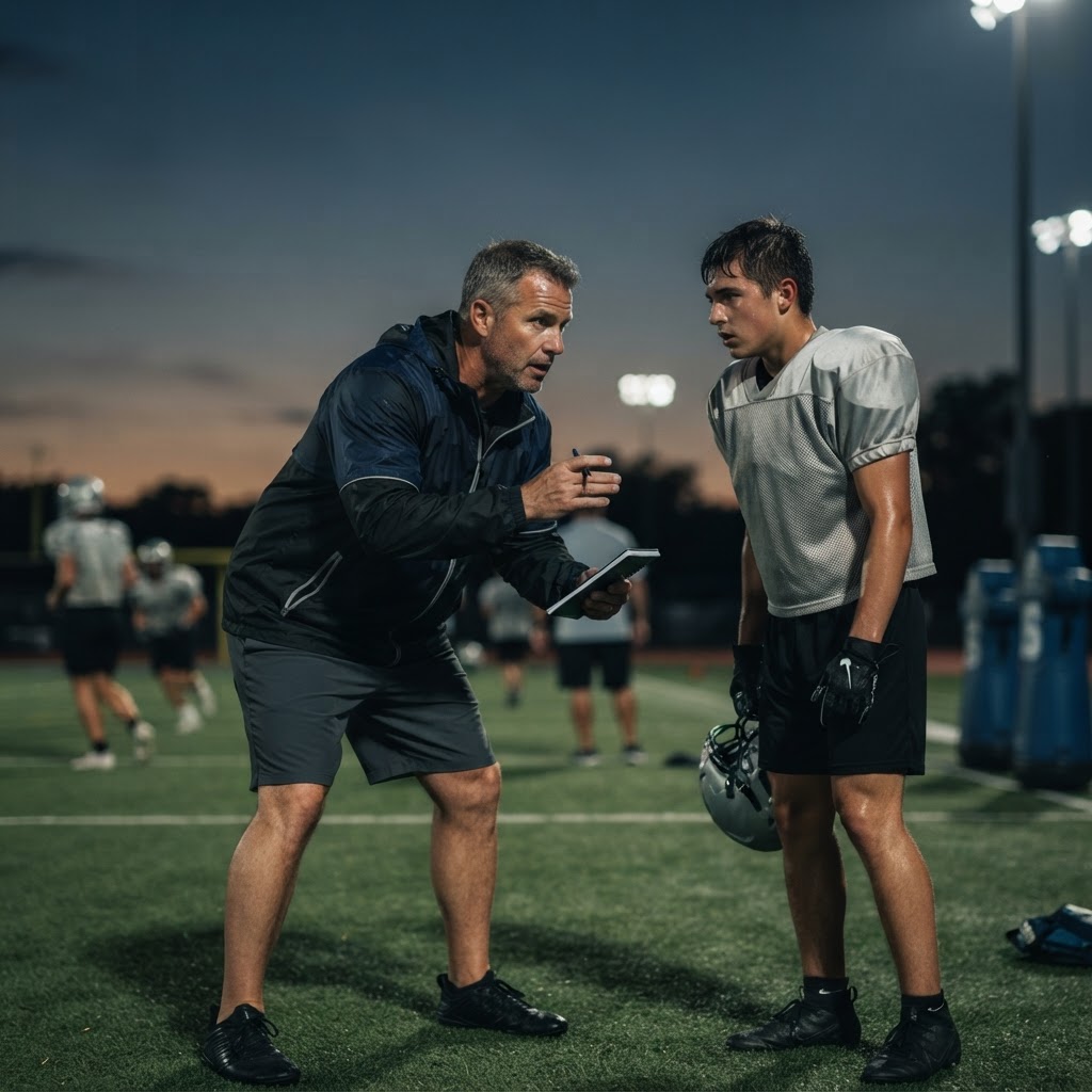 A coach giving instructions to a young football player on a field at dusk.