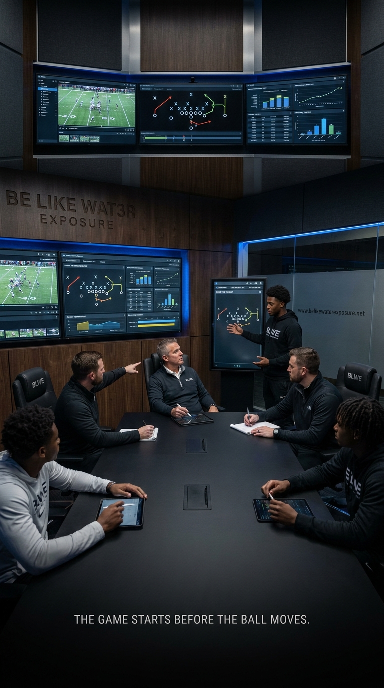 Football staff and athletes reviewing film and strategy in a meeting room