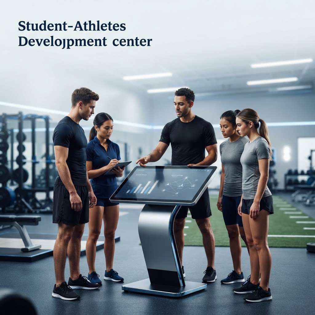 A group of five athletic individuals in a gym setting gathered around a digital touchscreen kiosk displaying data graphs.