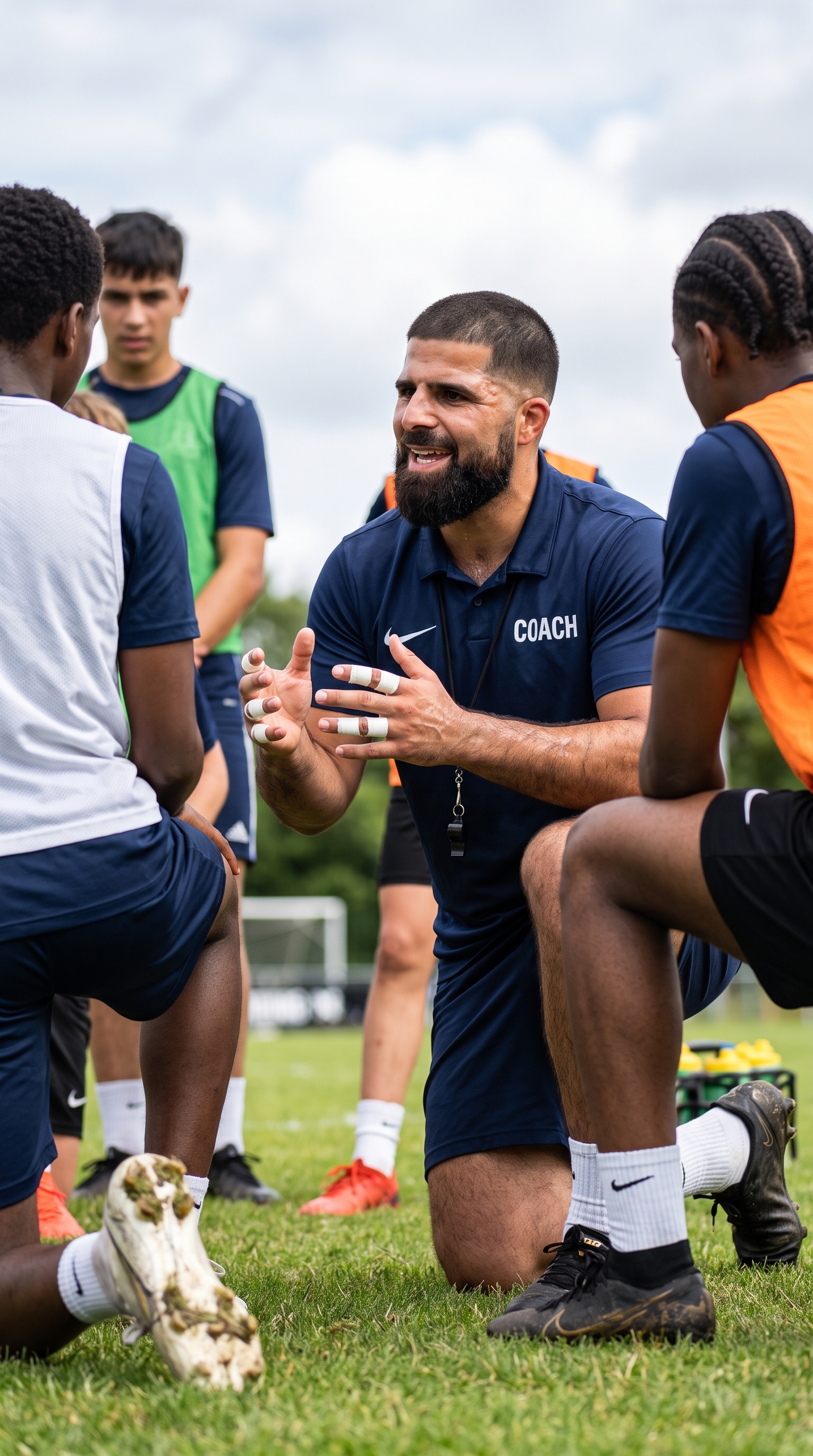 Coach giving direct one-on-one football instruction during a camp rotation