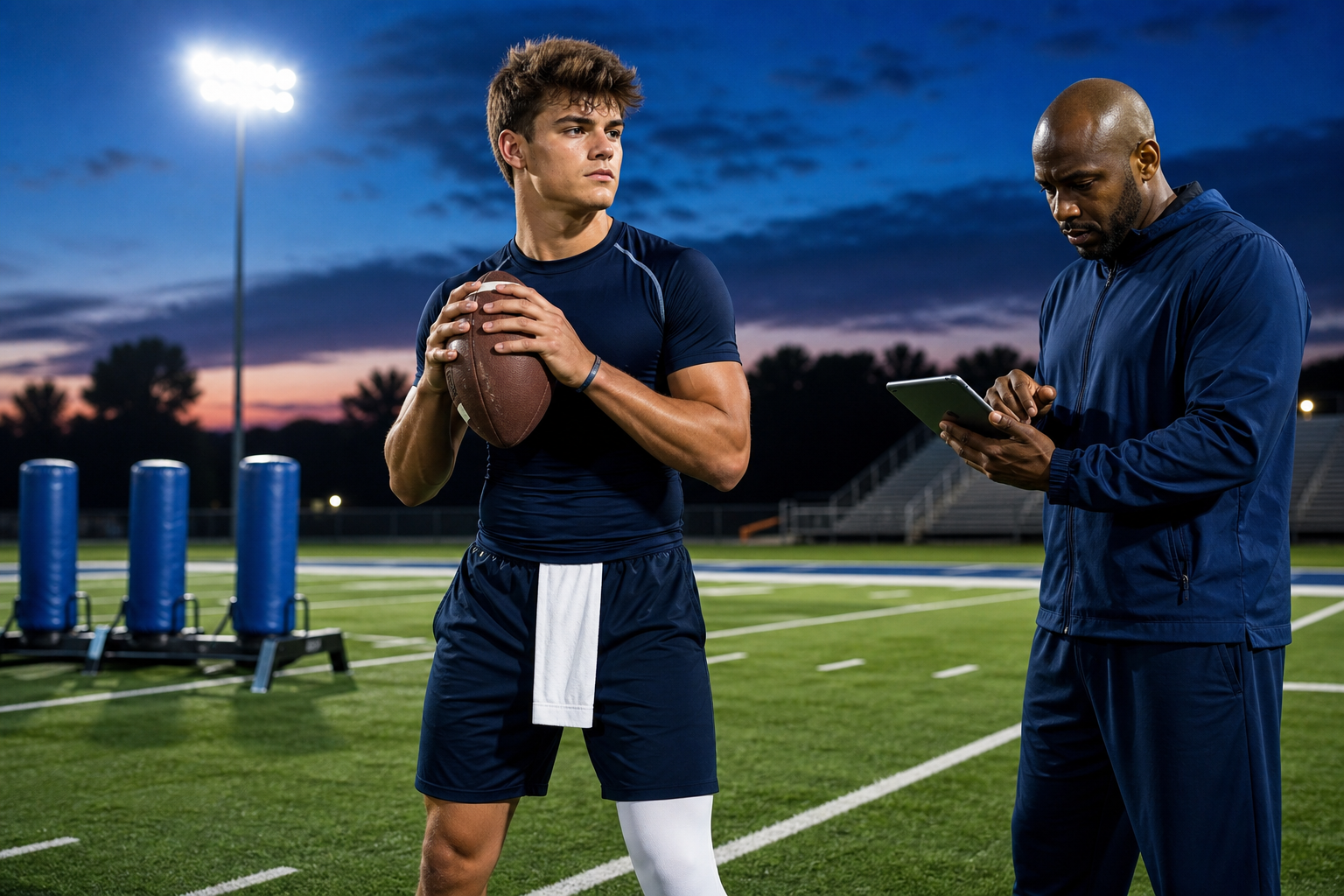 Quarterback holding a football at dusk while a coach logs the rep on a tablet