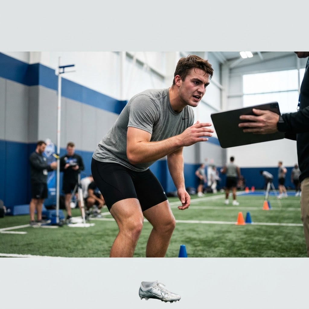 An athlete in a grey t-shirt and black shorts performing drills in an indoor sports facility, with a coach reviewing performance on a tablet, and a single silver cleat shown at the bottom.