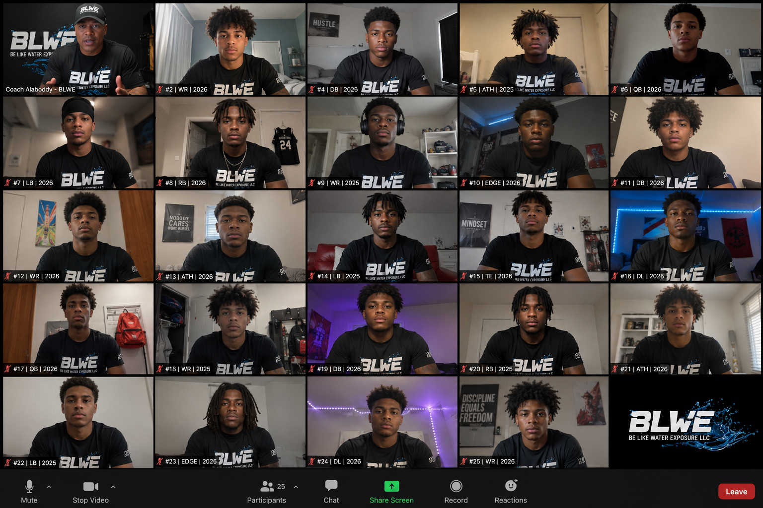 Coach Alaboody leading a virtual BLWE recruiting session with athletes wearing BLWE shirts, labeled by position and graduation year