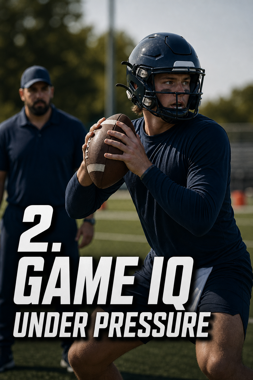 Quarterback in a helmet setting up to throw while a coach watches — game IQ under pressure