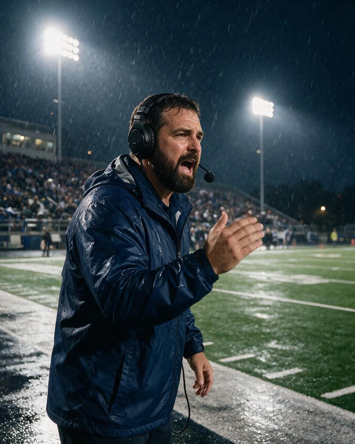 Coach with a headset directing from the sideline in heavy rain under stadium lights