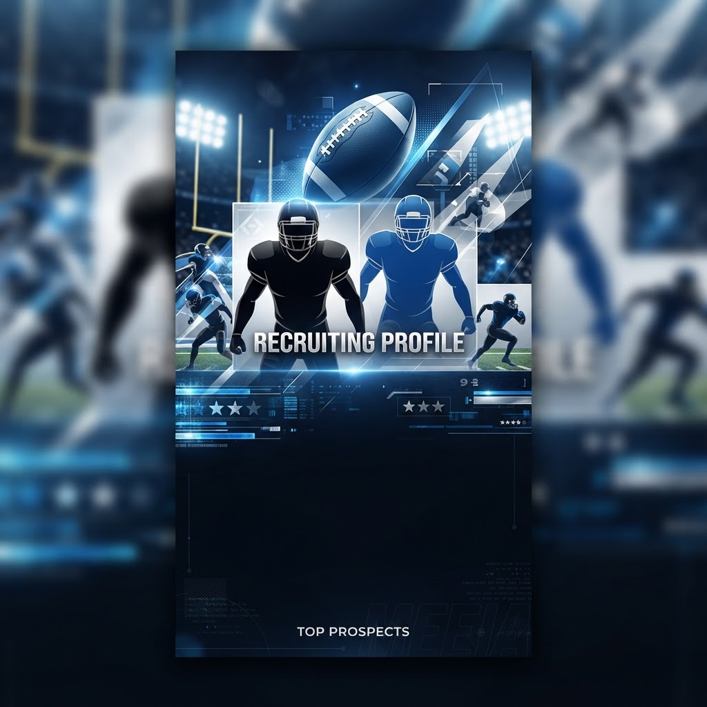 A stylized digital graphic featuring two football players in silhouette, a football, and text reading RECRUITING PROFILE and TOP PROSPECTS against a dark blue stadium background.