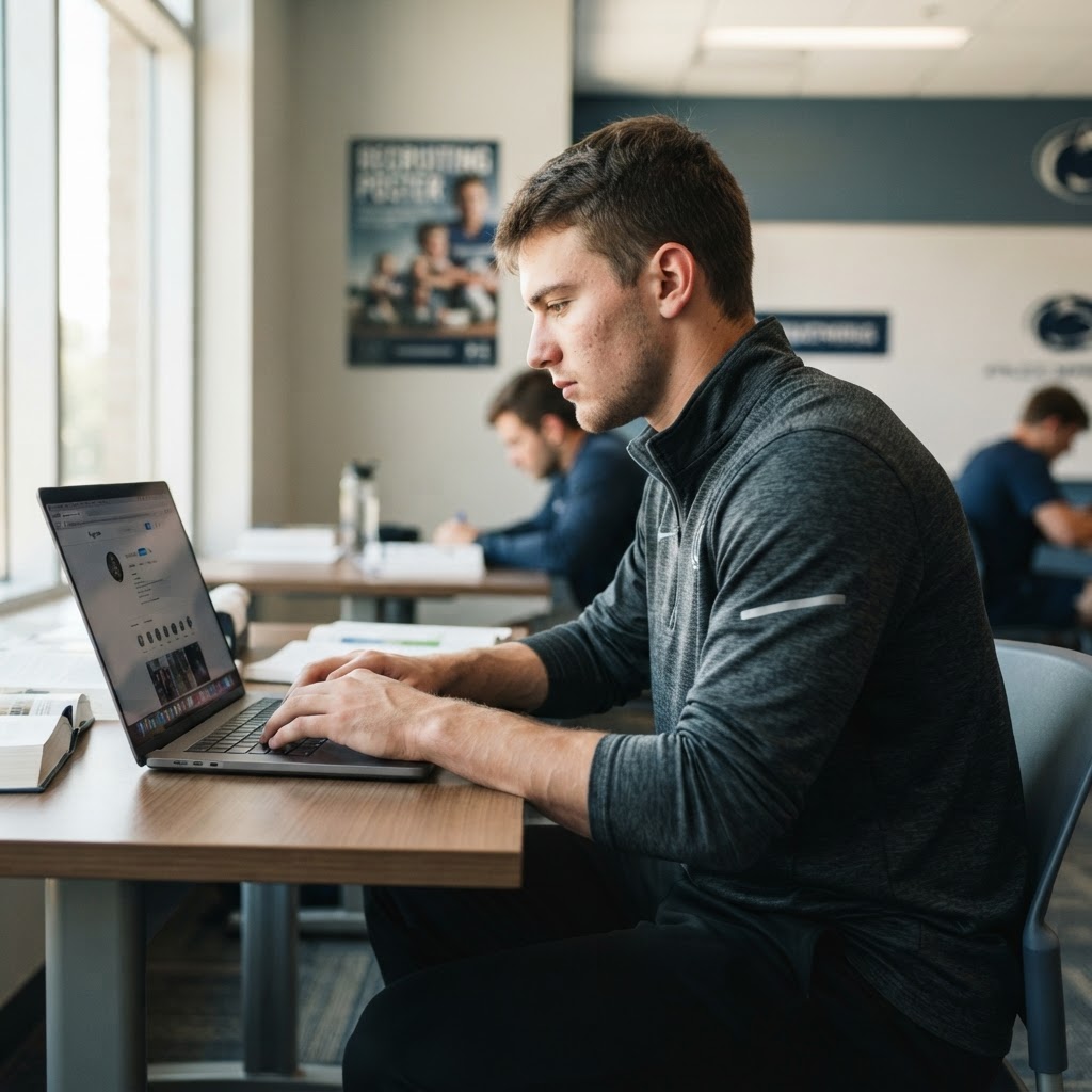 A student athlete sits at a desk in a study hall working on a laptop, with other students studying in the background.