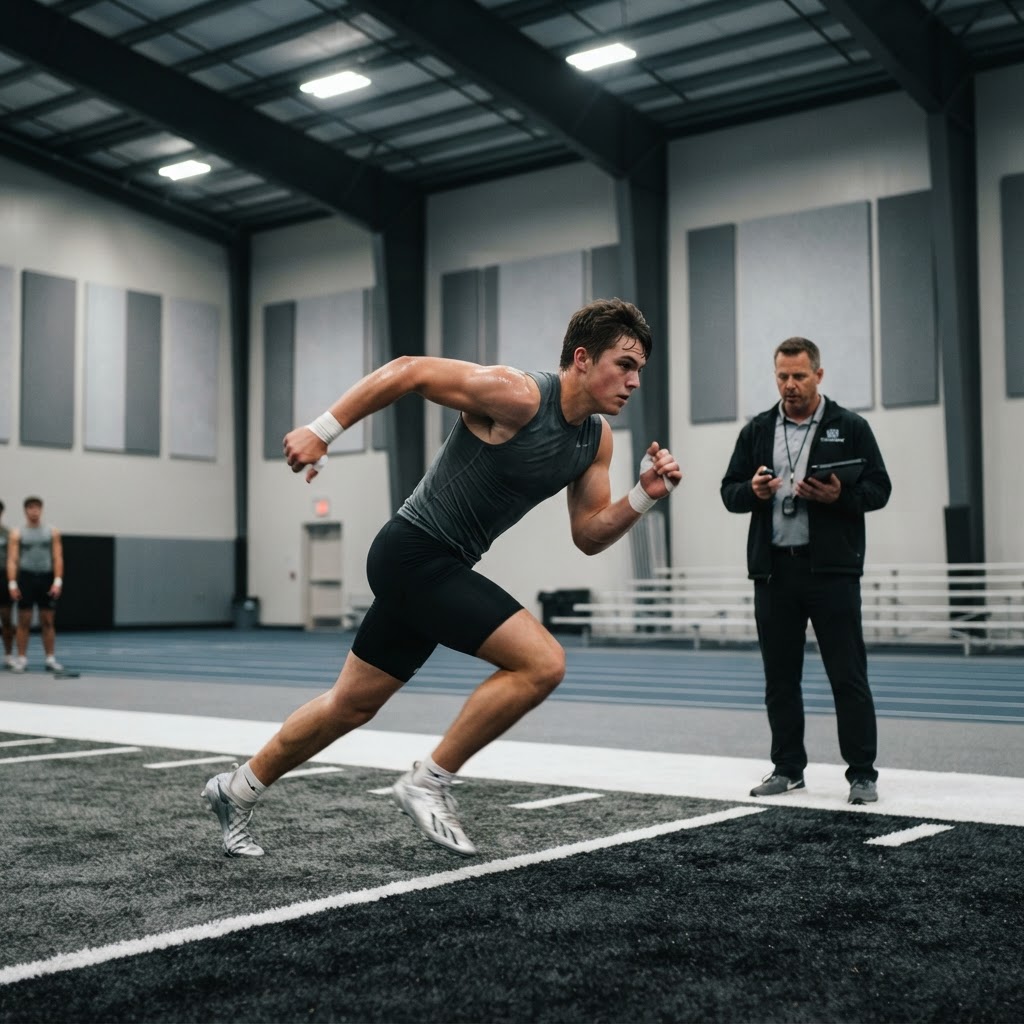 An athlete performing a sprint start in an indoor training facility while a coach observes with a tablet.