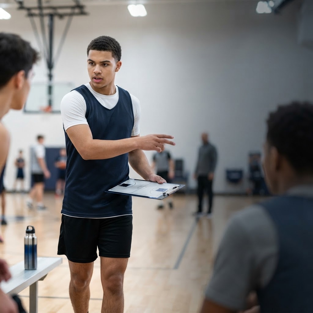 A young basketball coach standing on a court holding a whiteboard and pointing while talking to players.