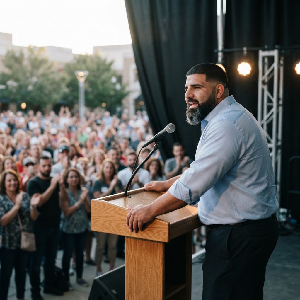 Speaker addressing a community crowd from a podium at an outdoor event