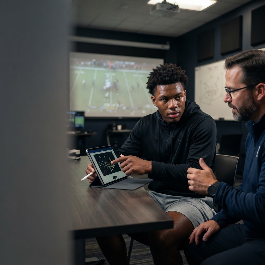 An athletic young man and a coach reviewing football plays on a tablet in a meeting room.