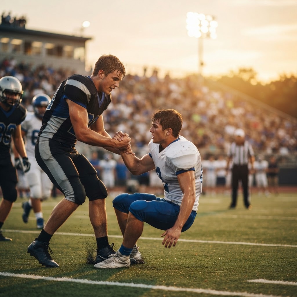 An American football player in a black and grey uniform helps a teammate in a white and blue uniform stand up on a field during a game at sunset.