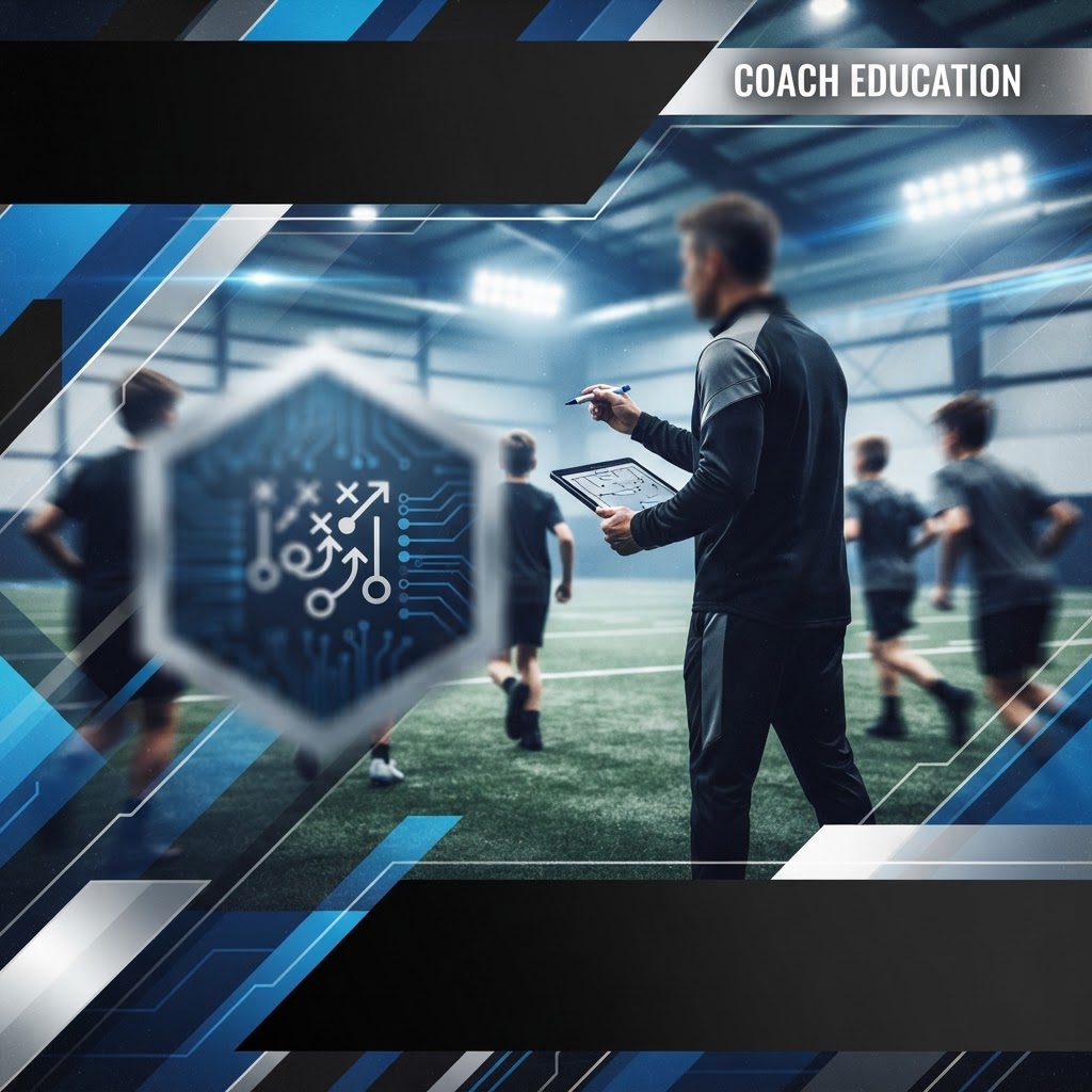 A digital graphic featuring a sports coach holding a tablet and pen on an indoor field, with a blurred tactical hexagonal icon in the foreground and the text Coach Education at the top.