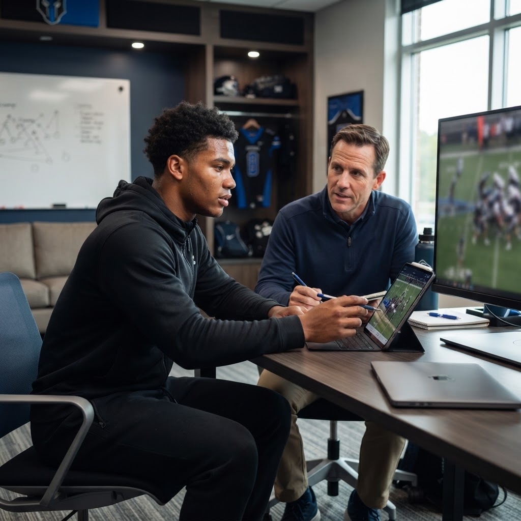 A young athlete and a coach sitting at a desk in an office looking at a tablet screen displaying football game footage.