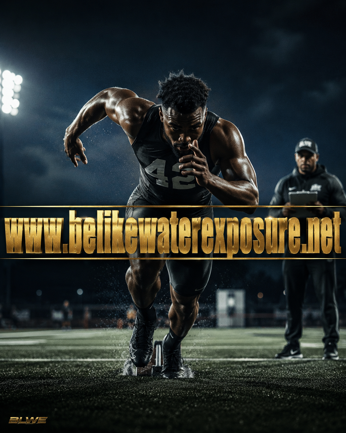 Football athlete accelerating from a sprint start under stadium lights
