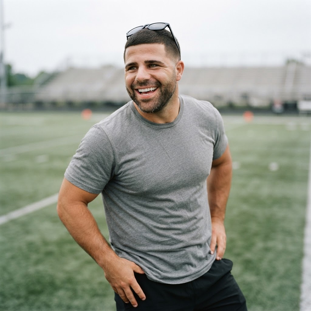 Smiling coach in a gray shirt on a football field