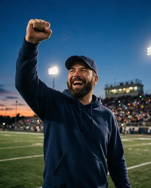 Coach celebrating with a raised fist under stadium lights at dusk