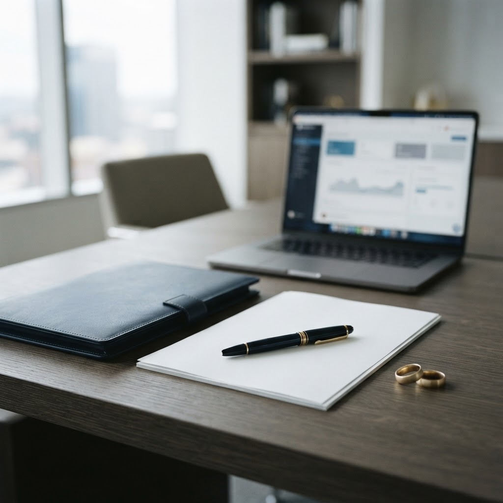 Legal documents, a fountain pen and wedding bands on a desk in soft natural light