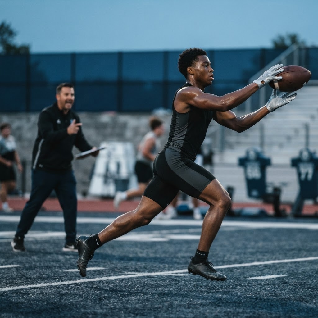 A wide receiver running a route during a football practice while a coach gives instructions in the background.