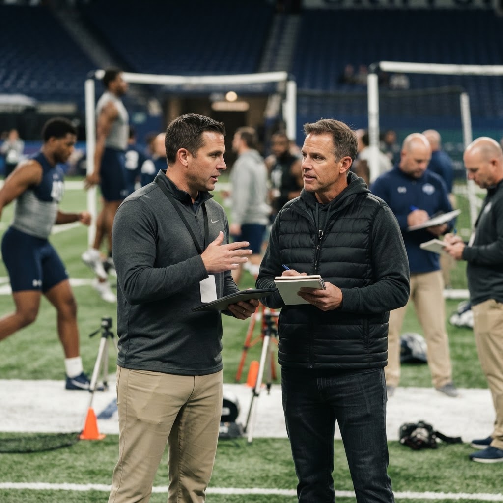 Two coaches in athletic gear consulting on a football field during a practice session with other players in the background.