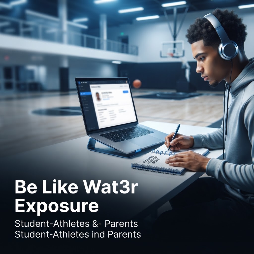 A young man wearing headphones writing in a notebook next to a laptop in an indoor basketball arena setting.