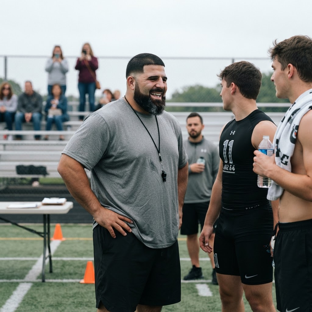 Coach talking with athletes at a combine while parents watch from the bleachers