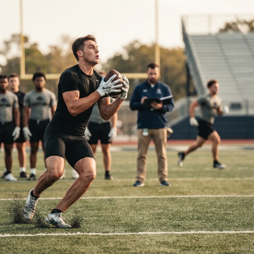 An athletic male football player catching a football on a field during practice with a coach observing in the background.