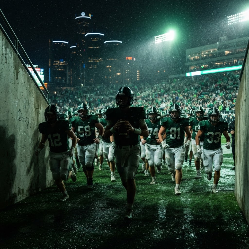 High school football team running out of a stadium tunnel under lights on a rainy night with a Midwest city skyline in the background.