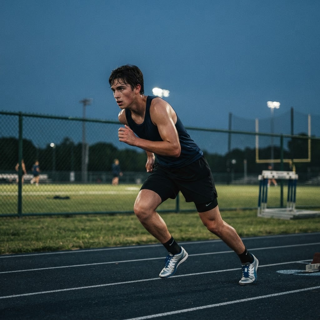 A young male athlete in a dark tank top and shorts sprinting on an outdoor running track at dusk under stadium lights.