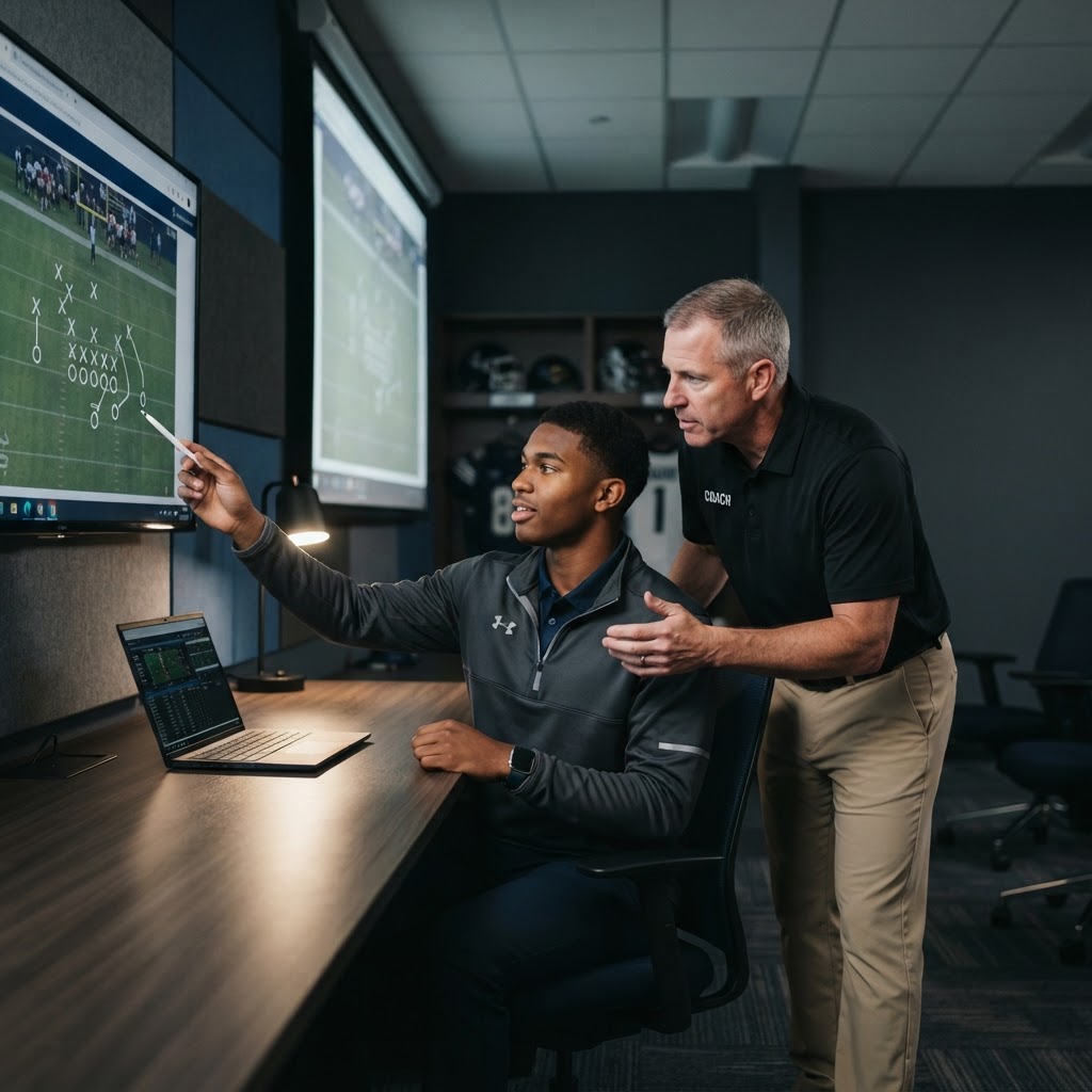 A coach and a football player reviewing game film and strategy on a monitor in a meeting room.