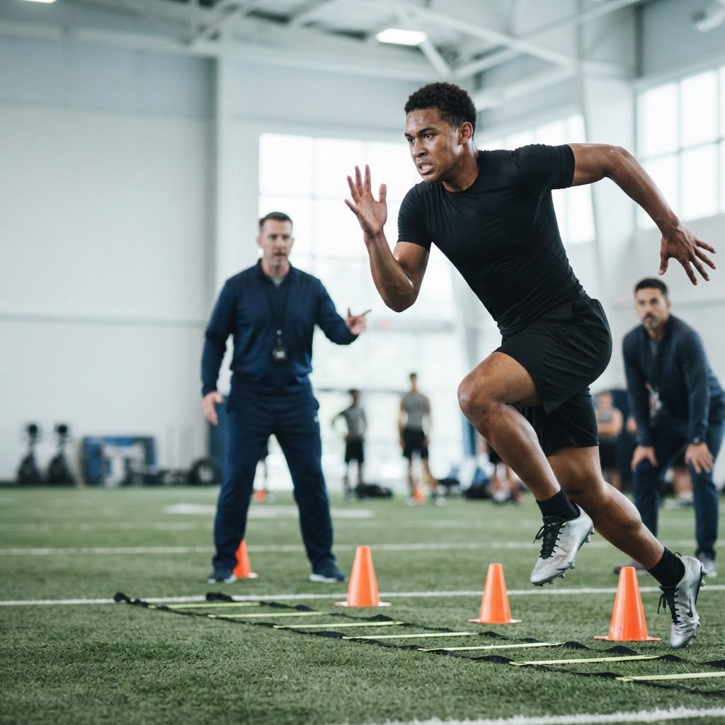 An athlete training on a speed ladder at an indoor facility with coaches observing.
