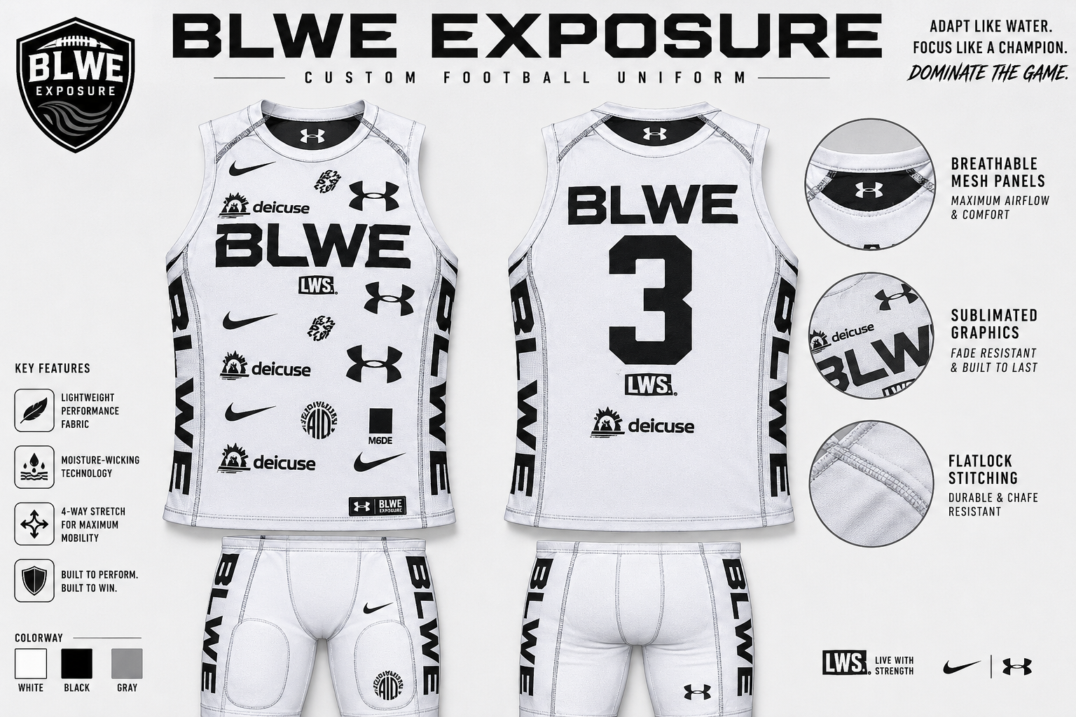 BLWE Exposure custom football uniform with sponsor logo placements — white colorway