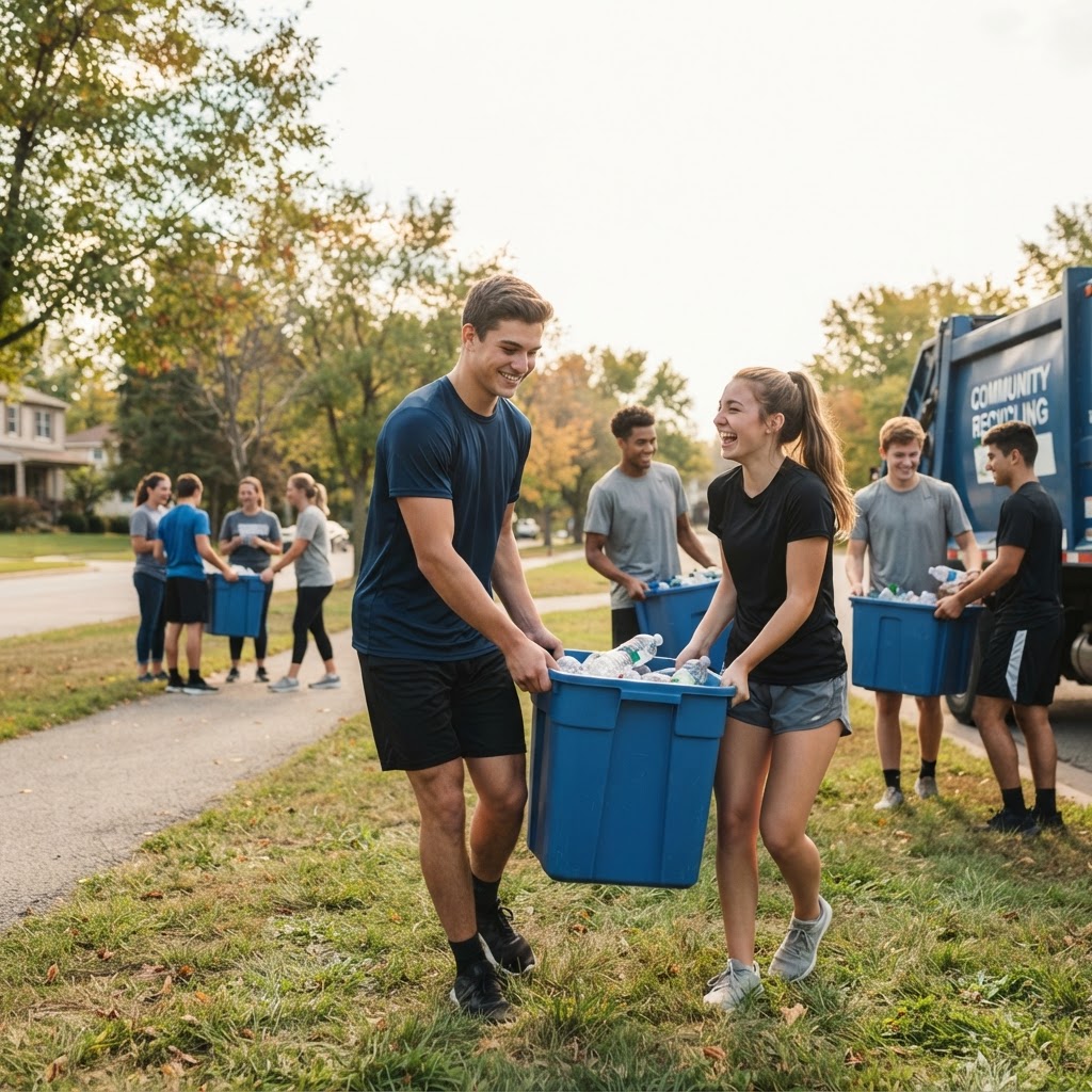 A group of diverse young adults participating in a community recycling event, carrying blue bins filled with plastic bottles.