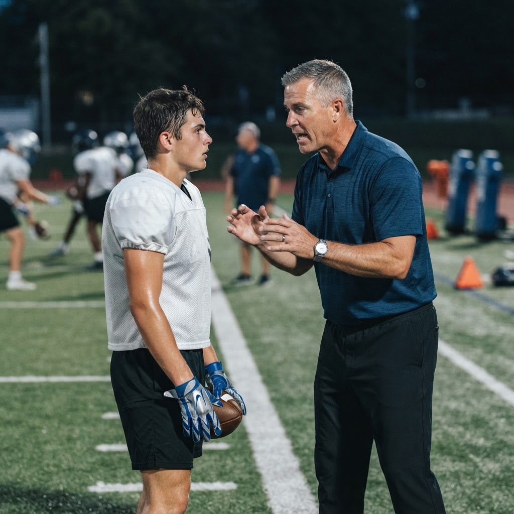 A coach giving instructions to a young football player on a practice field.