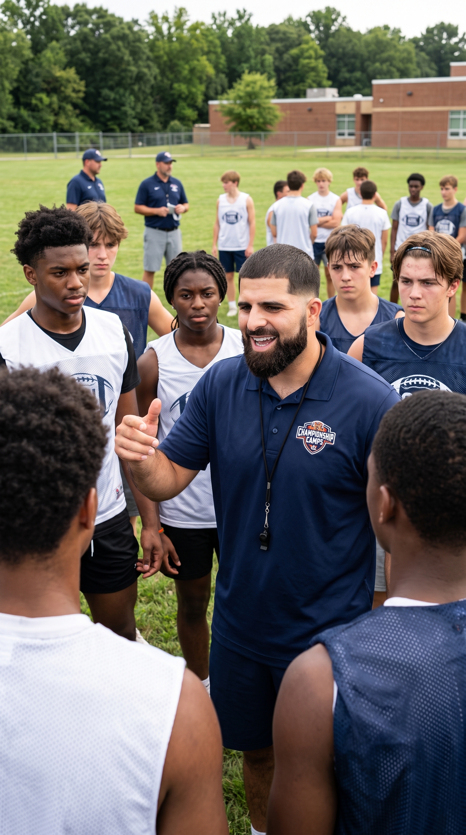 Large football camp group listening during an opening team meeting