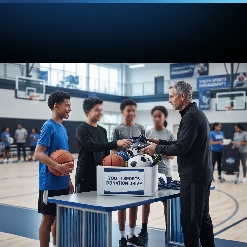 An adult male handing sports equipment to a group of youths at a donation drive in a gymnasium.