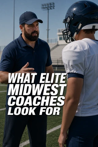 Coach talking with a helmeted player — what elite Midwest coaches look for