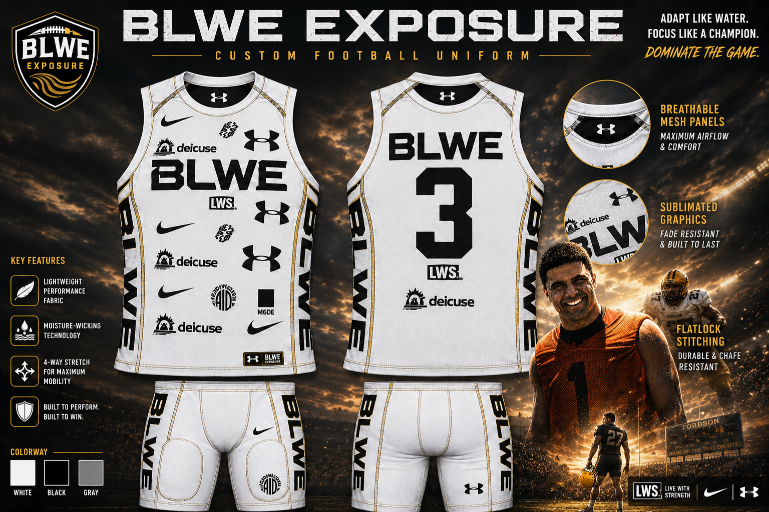 BLWE Exposure custom football uniform with sponsor logo placements — game night edition