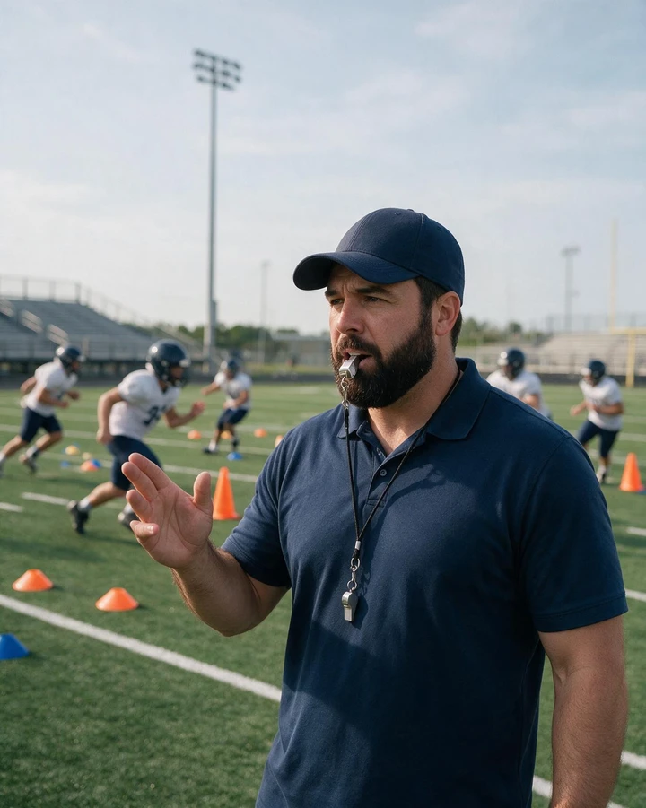 Coach with a whistle directing players running cone drills on a field