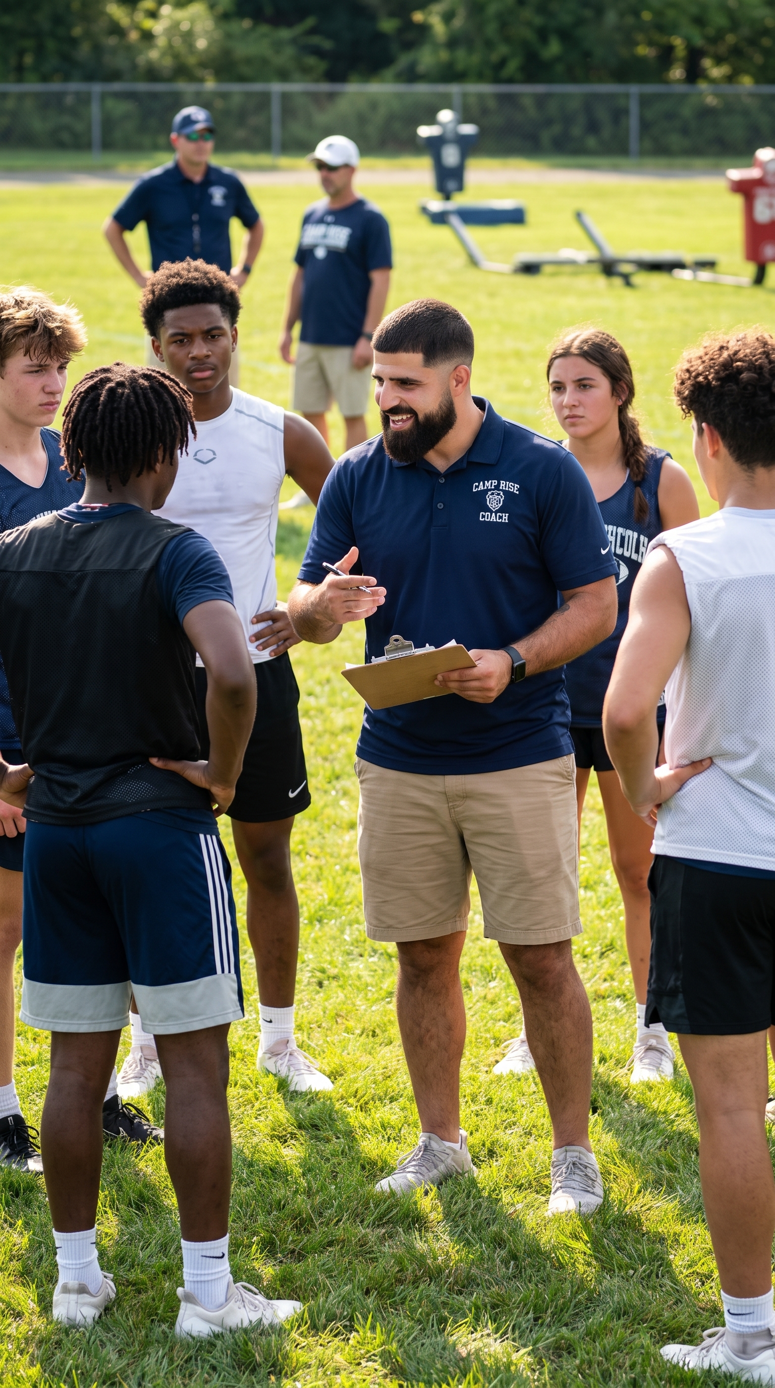 Coach giving an athlete individual football technique instruction at camp