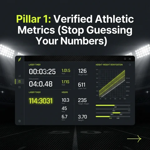 Pillar 1 graphic — verified athletic metrics dashboard with laser timing data