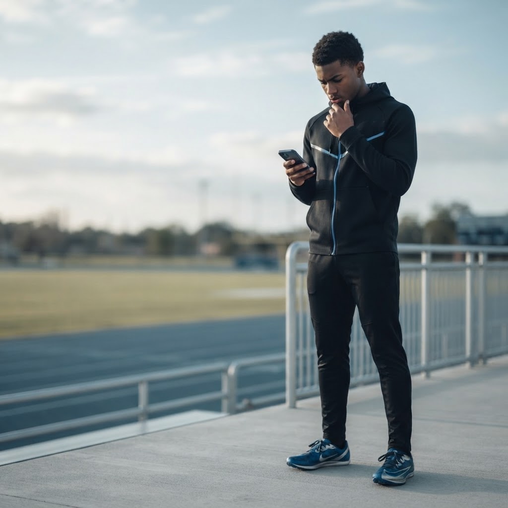 A young athlete standing on a stadium track looking at his phone.
