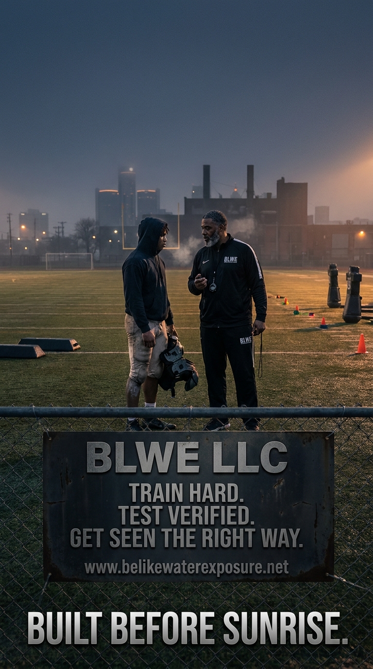 Coach speaking with a young athlete on a football field before sunrise