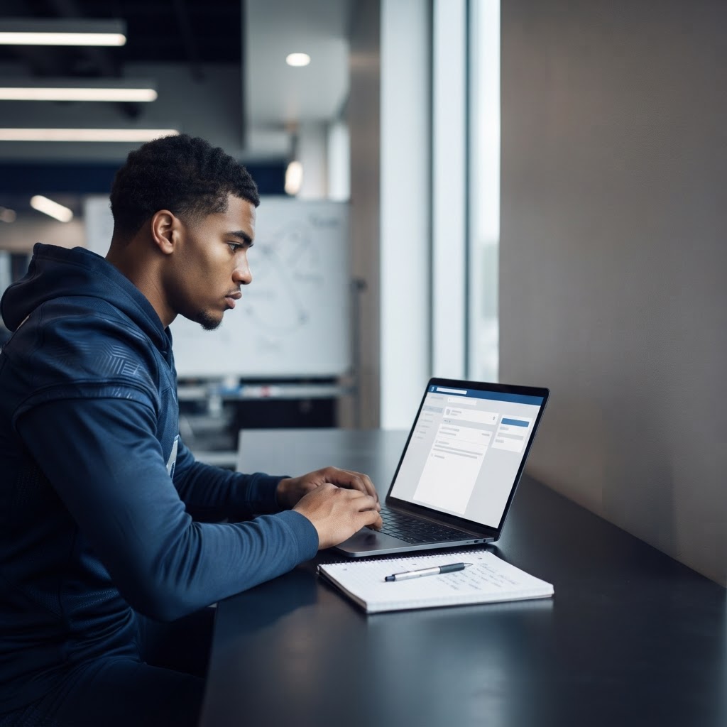 An athlete wearing a dark blue athletic hoodie sitting at a desk and working on a laptop near a window.