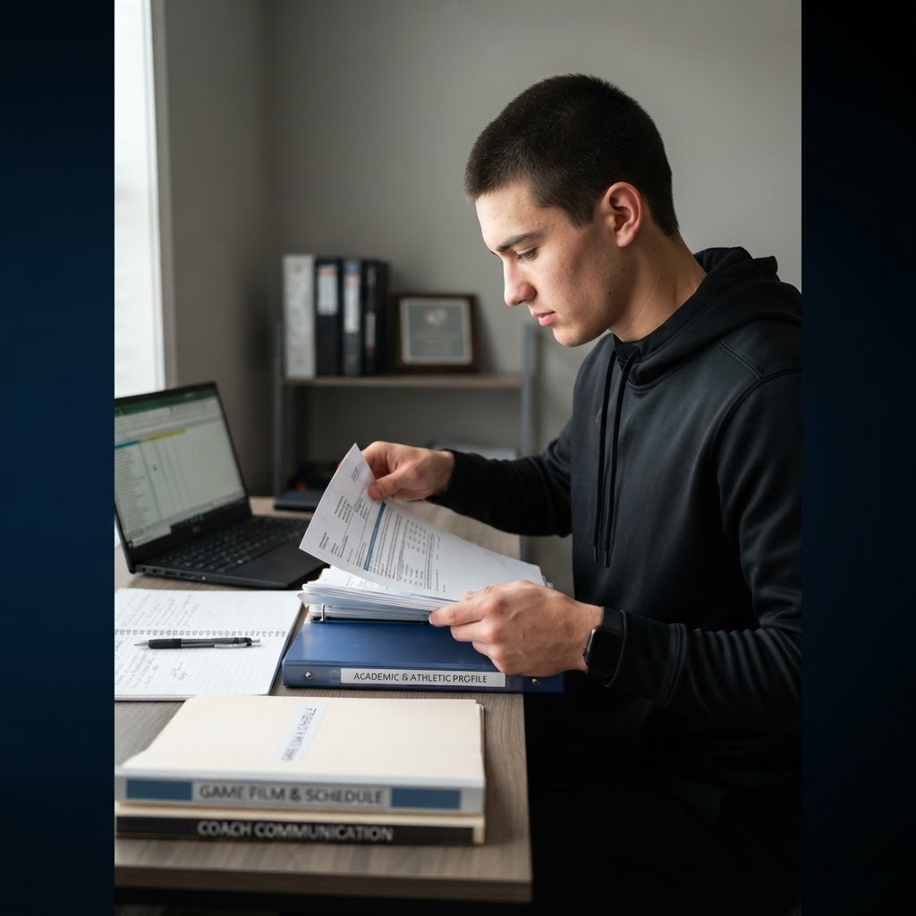 A student athlete reviewing academic and athletic documents at a desk.